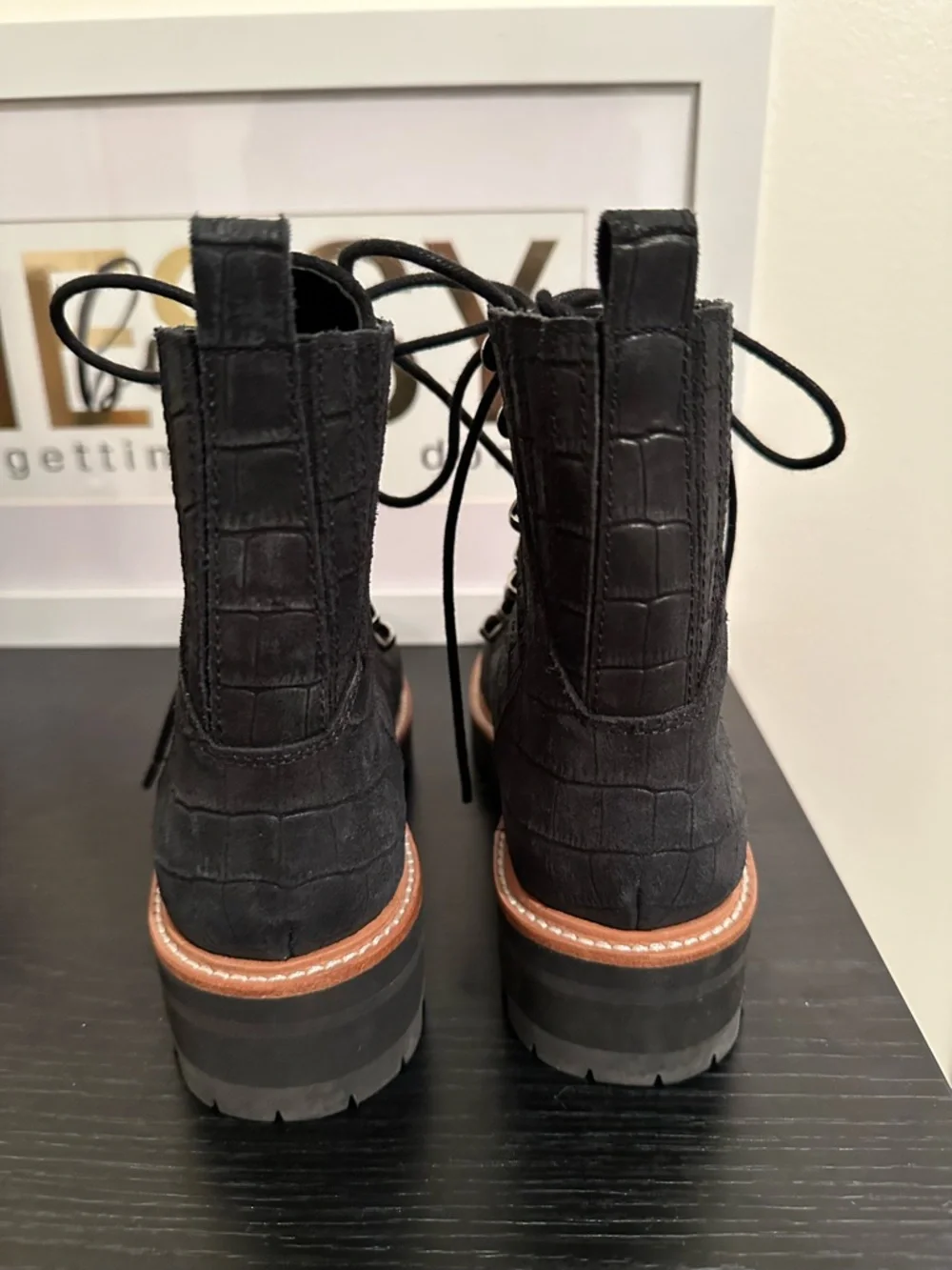 Marc Fisher Black Croc-Embossed Lace-Up Combat Boots like new - Picture 5 of 7